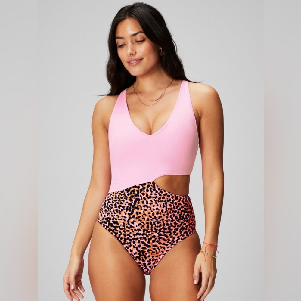 Pink Cutout One-Piece Swimsuit with Leopard Print Bottom